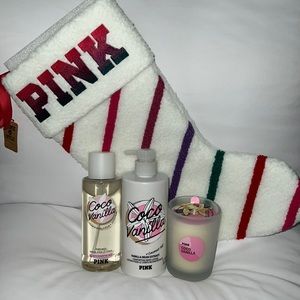 PINK Coco Vanilla lotion & mist set with candle and stocking